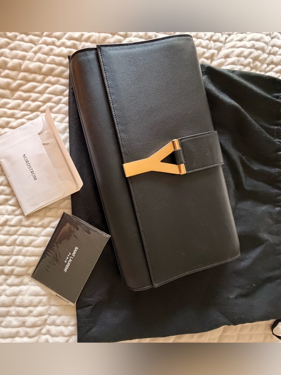 Saint Laurent Accessories - Saint Laurent Black Leather Clutch with Gold Y-Detail